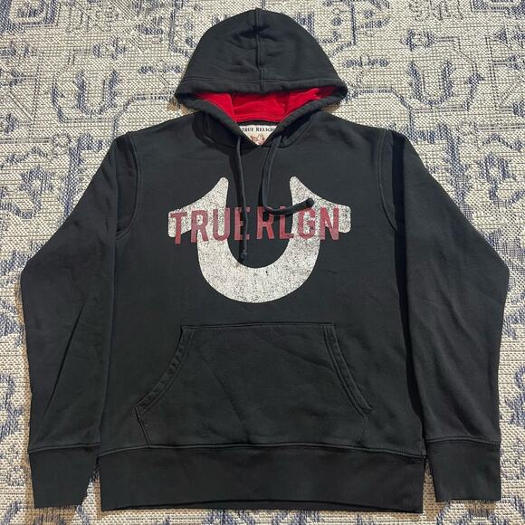 VTG Y2K True Religion Black and Red Graphic Hoodie SZ M - Picture 1 of 6